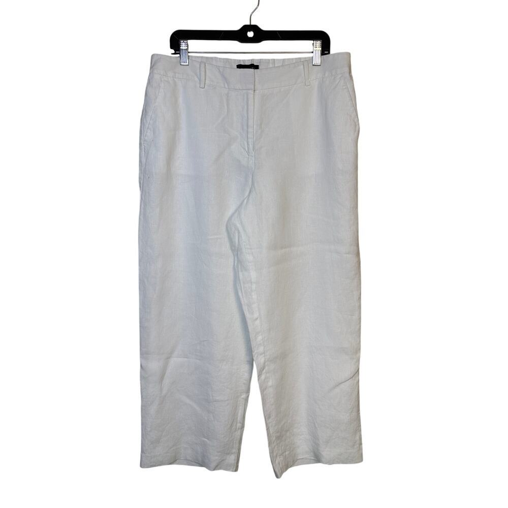 Talbots White 100% Linen Cropped Pants Sz 12 Wide Leg High Rise Trousers Resort